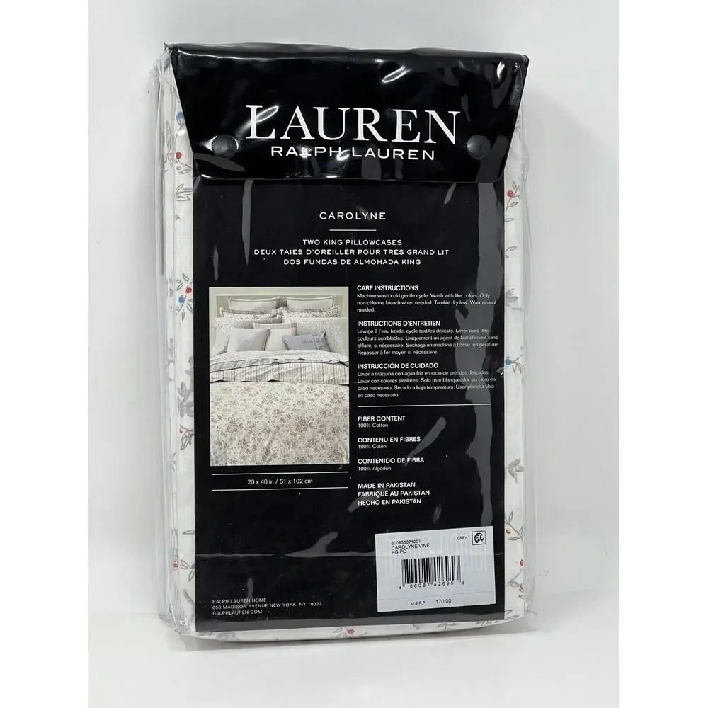 Ralph Lauren Carolyne Vine KING Pillowcases Grey Pair Of 2 - 20” X 40” NIP